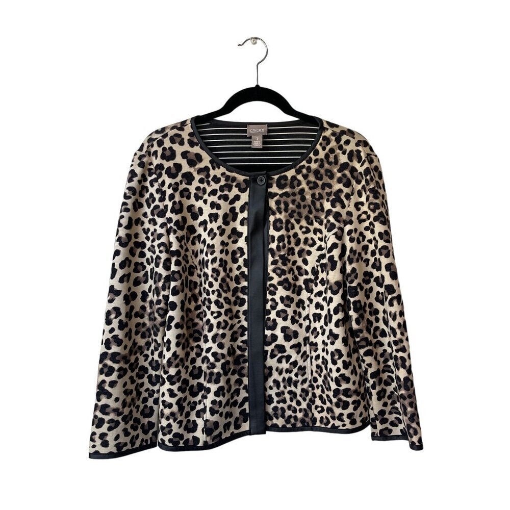 Chico's Jacket Size 1 Small Leopard Animal Print Ponte Open Front Cropped